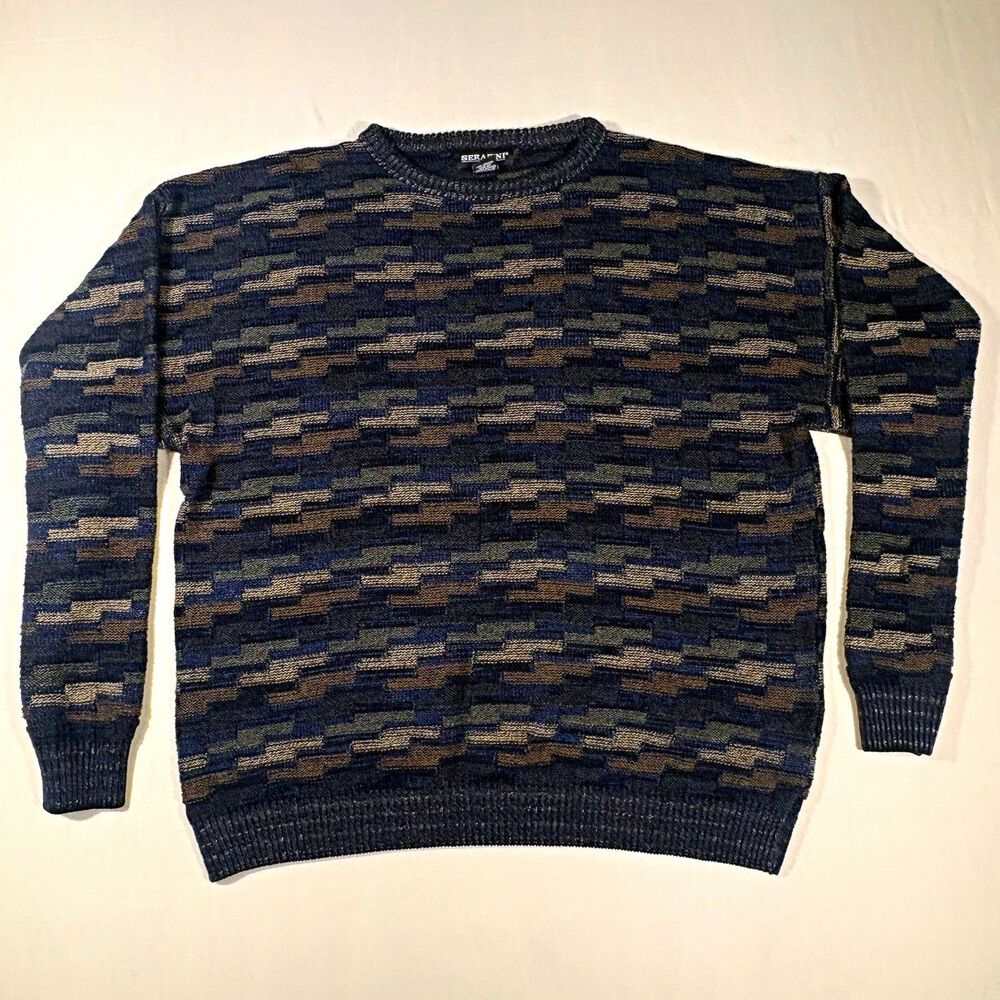 Serafini  Vintage Men’s XL Geometric Knit Crew Neck Sweater Blue Brown Gray